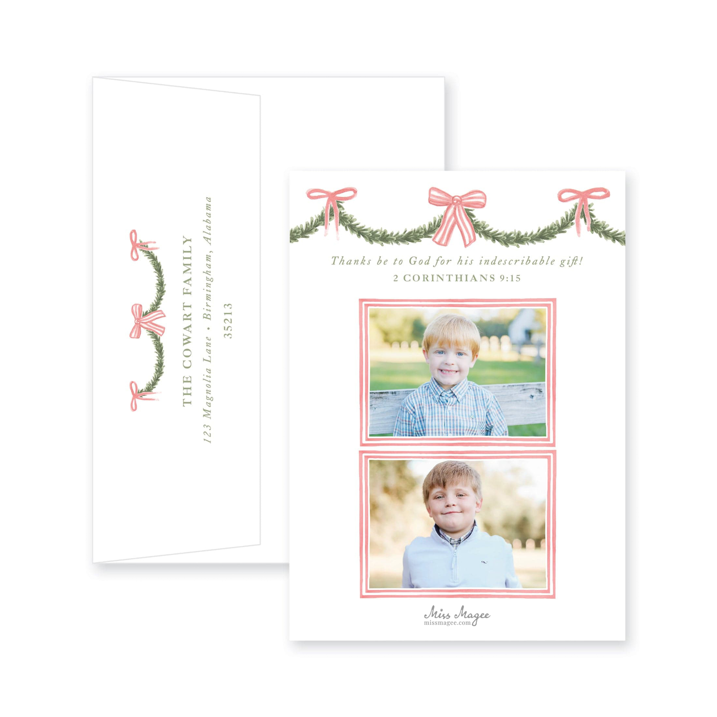 Holiday Garland and Bows Vertical Christmas Card