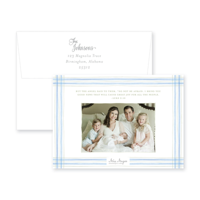 Watercolor Plaid Frame Horizontal Announcement Christmas Card