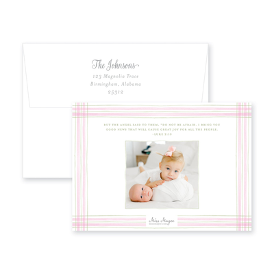 Watercolor Plaid Frame Horizontal Announcement Christmas Card