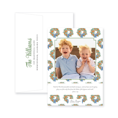 Citrus Wreath With Ribbon Vertical Christmas Card