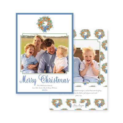 Citrus Wreath With Ribbon Vertical Christmas Card