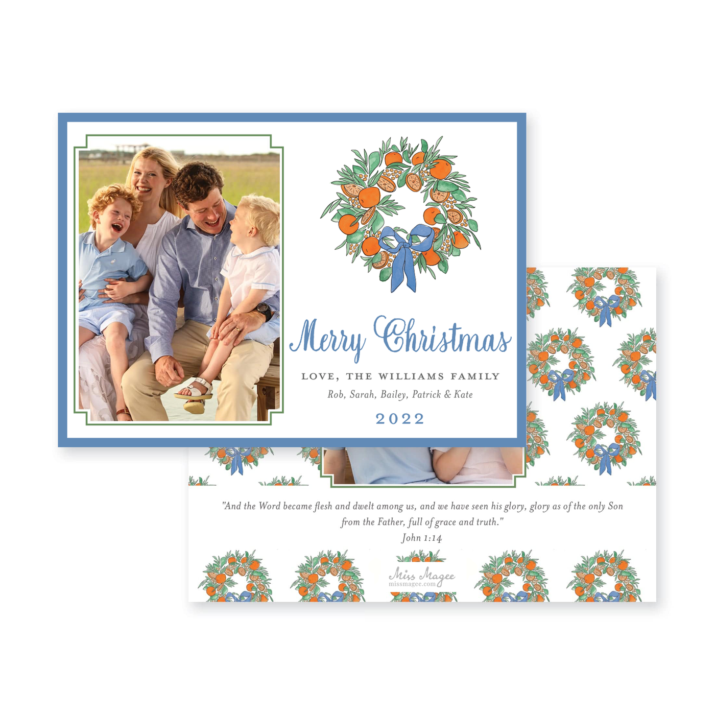 Citrus Wreath With Ribbon Horizontal Christmas Card