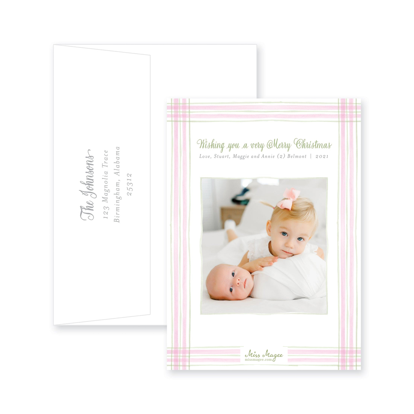 Watercolor Plaid Full Frame Vertical Announcement Christmas Card