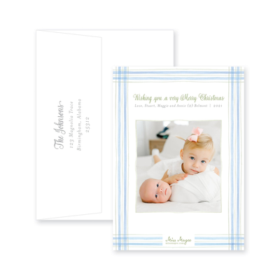 Watercolor Plaid Full Frame Vertical Announcement Christmas Card