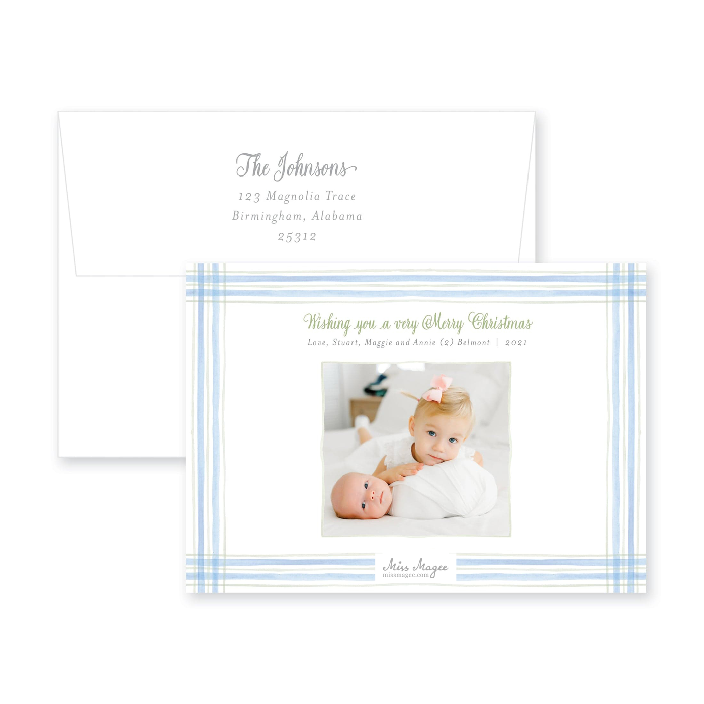 Watercolor Plaid Full Frame Horizontal Announcement Christmas Card