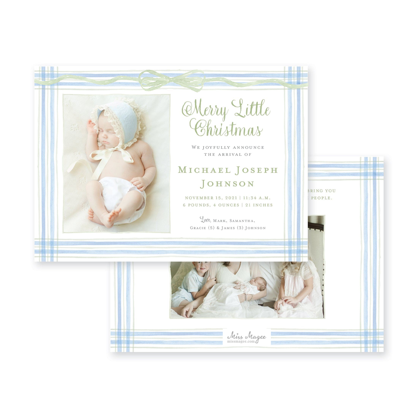Watercolor Plaid Frame Horizontal Announcement Christmas Card