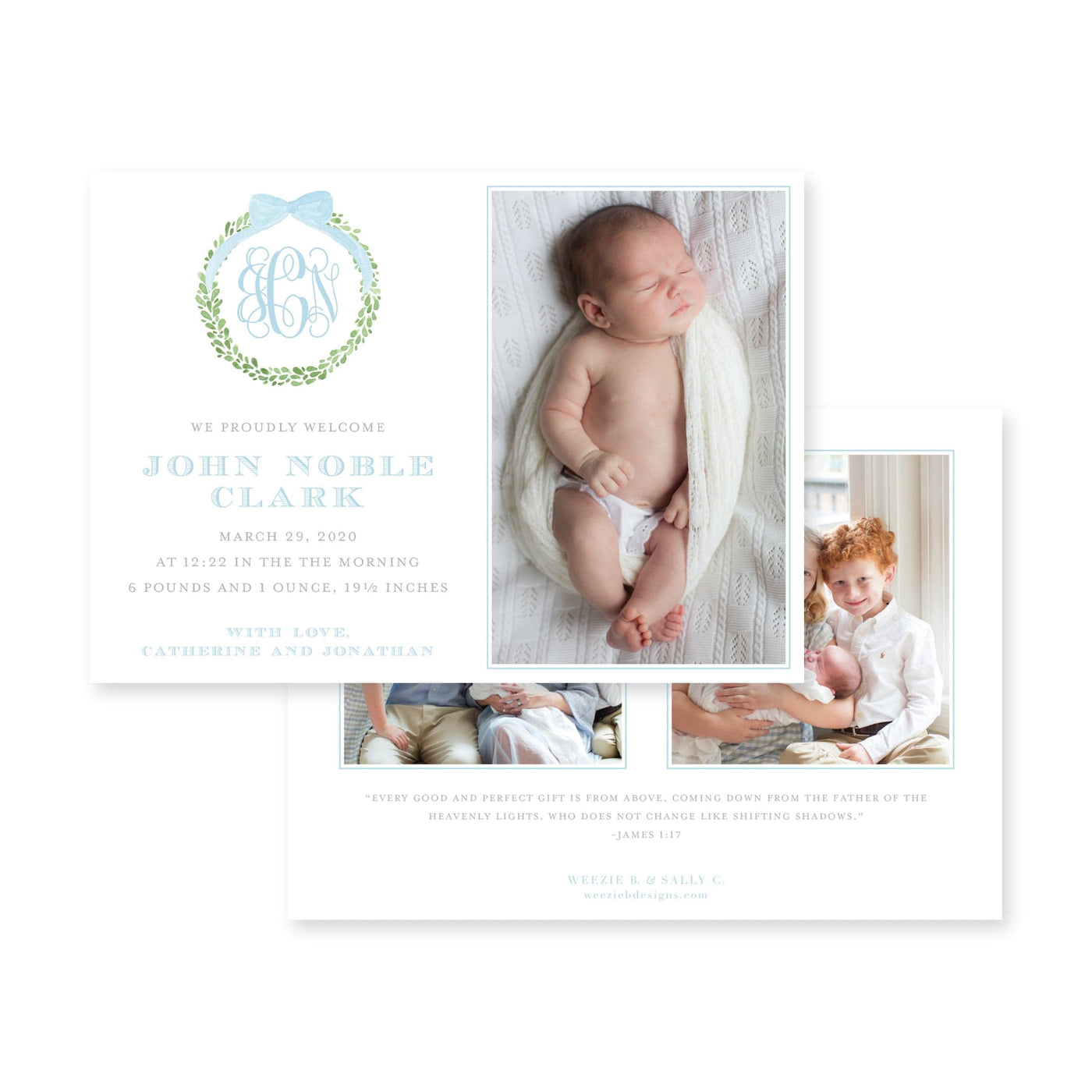Boxwood Wreath Horizontal Birth Announcement