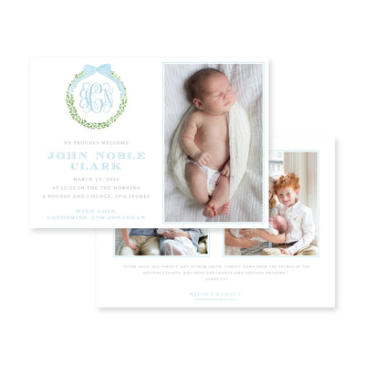 Boxwood Wreath Horizontal Birth Announcement