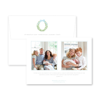 Boxwood Wreath Horizontal Birth Announcement