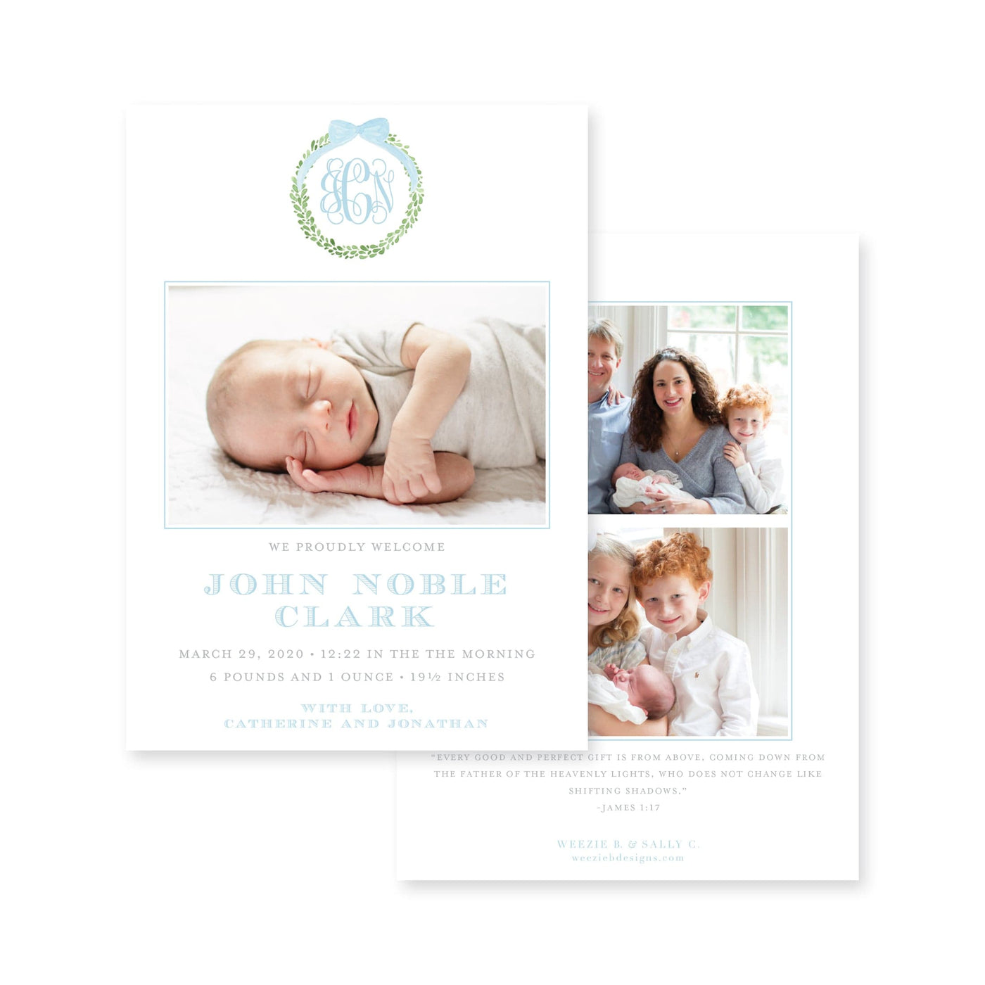 Boxwood Wreath Vertical Birth Announcement