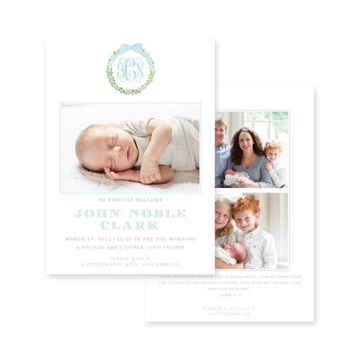 Boxwood Wreath Vertical Birth Announcement