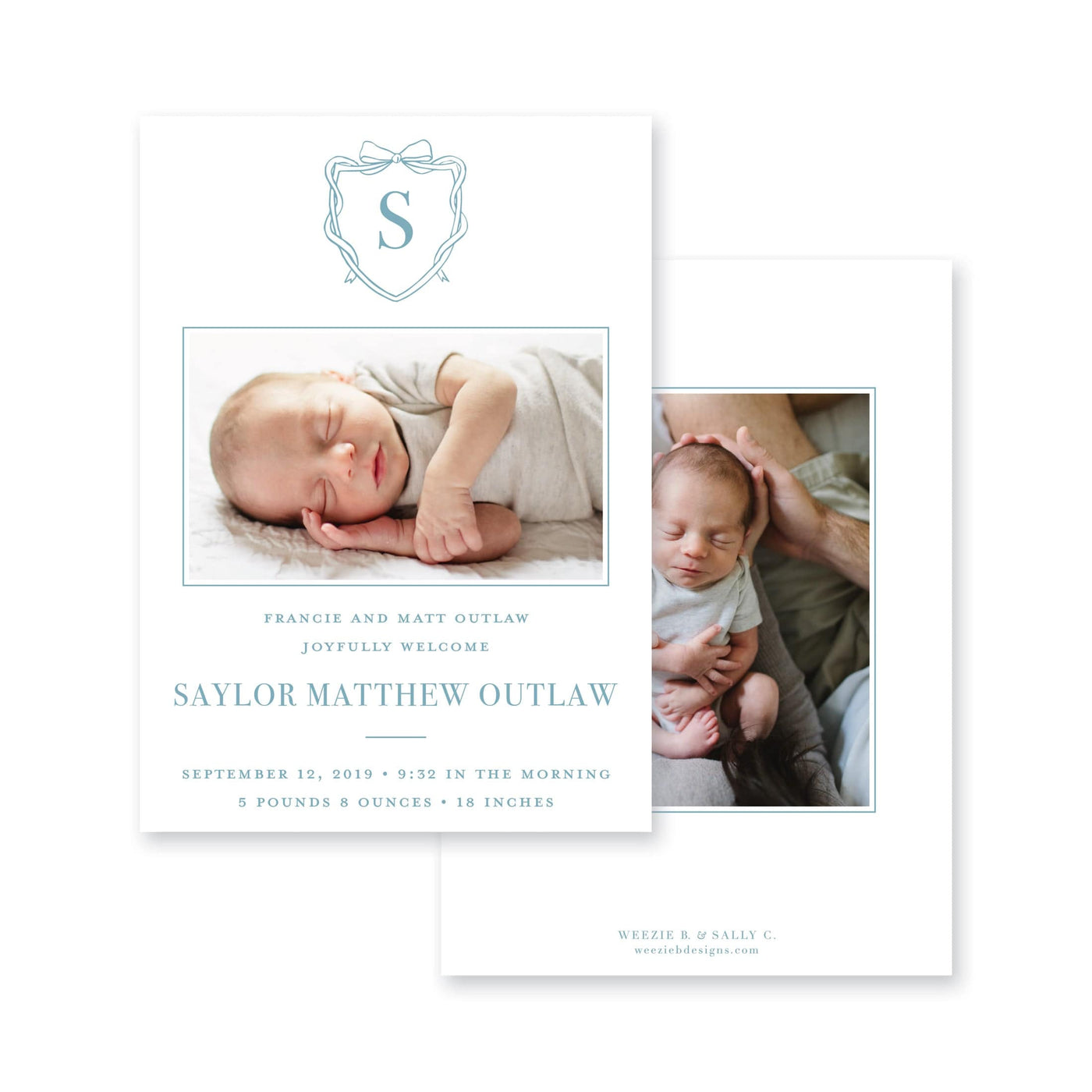 Bow Monogram Crest Birth Announcement