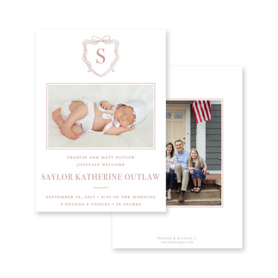 Bow Monogram Crest Birth Announcement