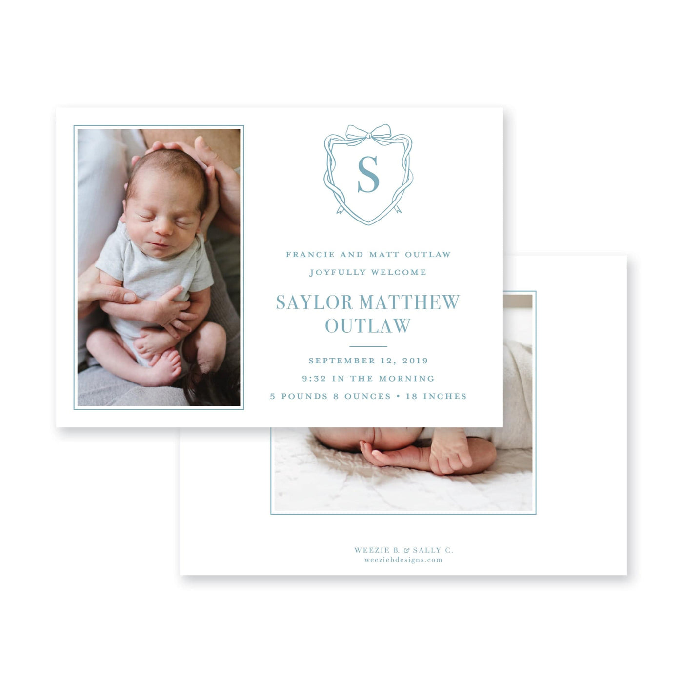 Bow Monogram Crest Birth Announcement