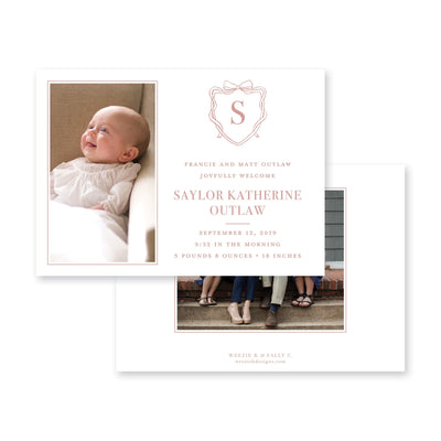 Bow Monogram Crest Birth Announcement