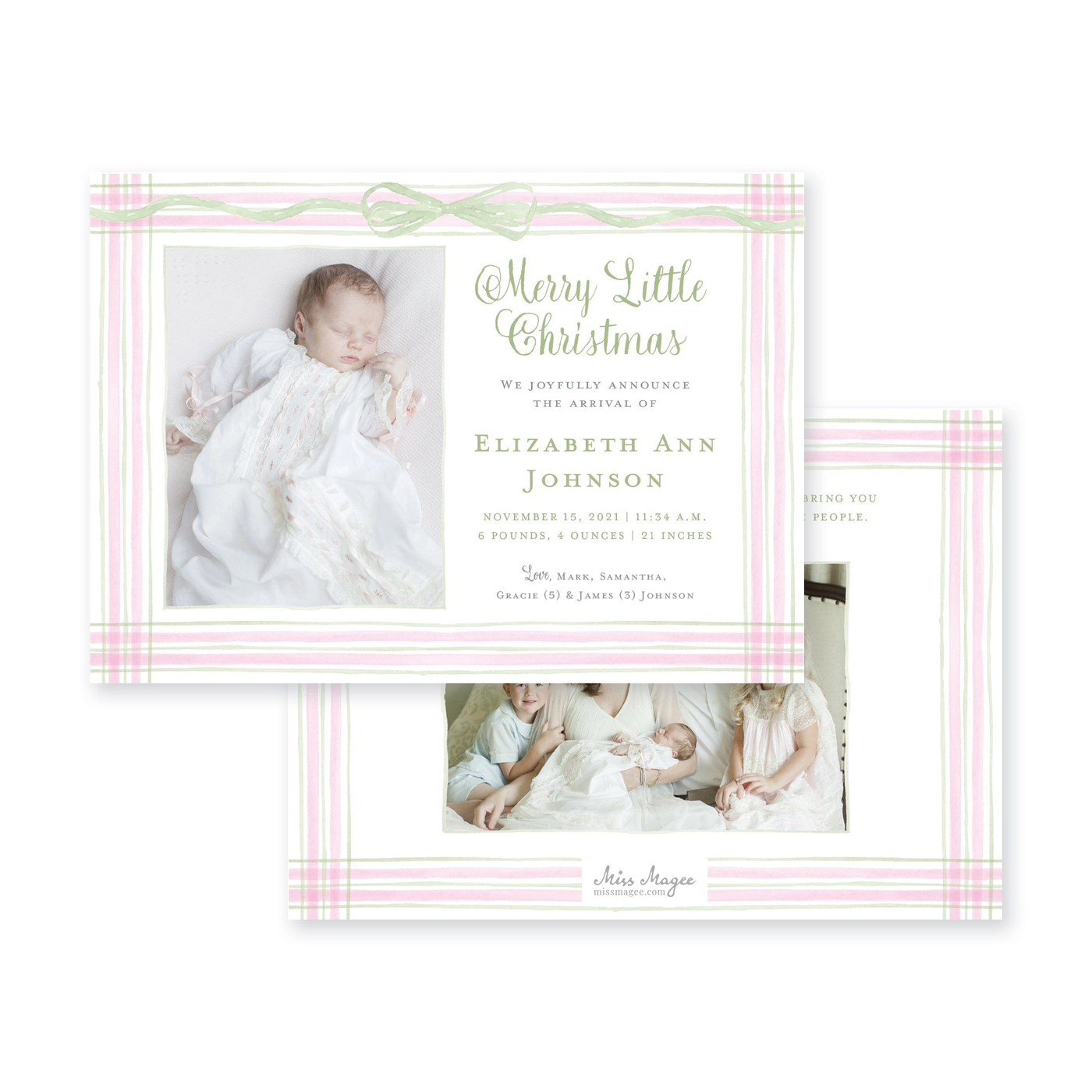 Watercolor Plaid Frame Horizontal Announcement Christmas Card