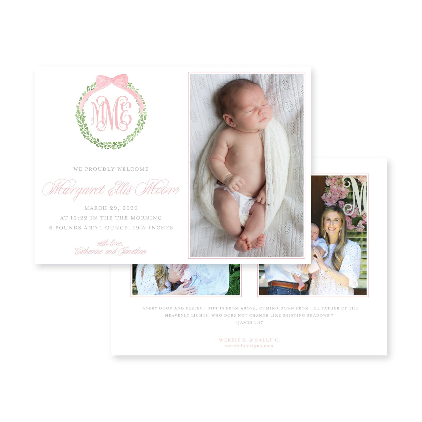 Boxwood Wreath Horizontal Birth Announcement