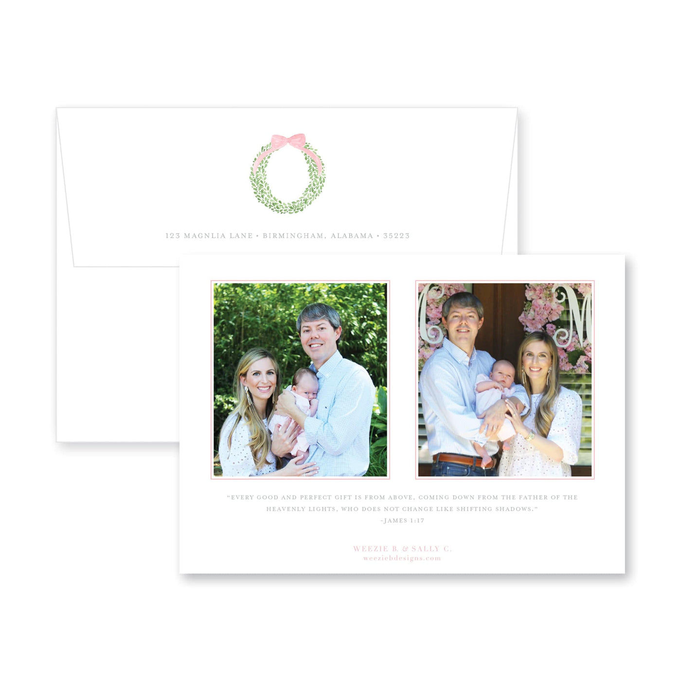 Boxwood Wreath Horizontal Birth Announcement