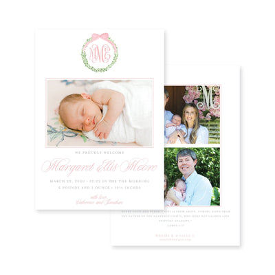 Boxwood Wreath Vertical Birth Announcement