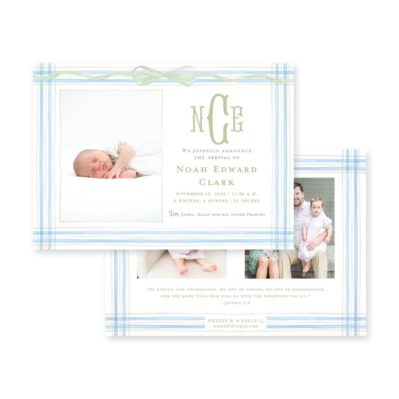 Watercolor Plaid Horizontal Birth Announcement