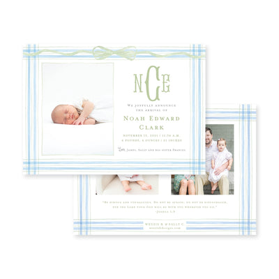 Watercolor Plaid Horizontal Birth Announcement