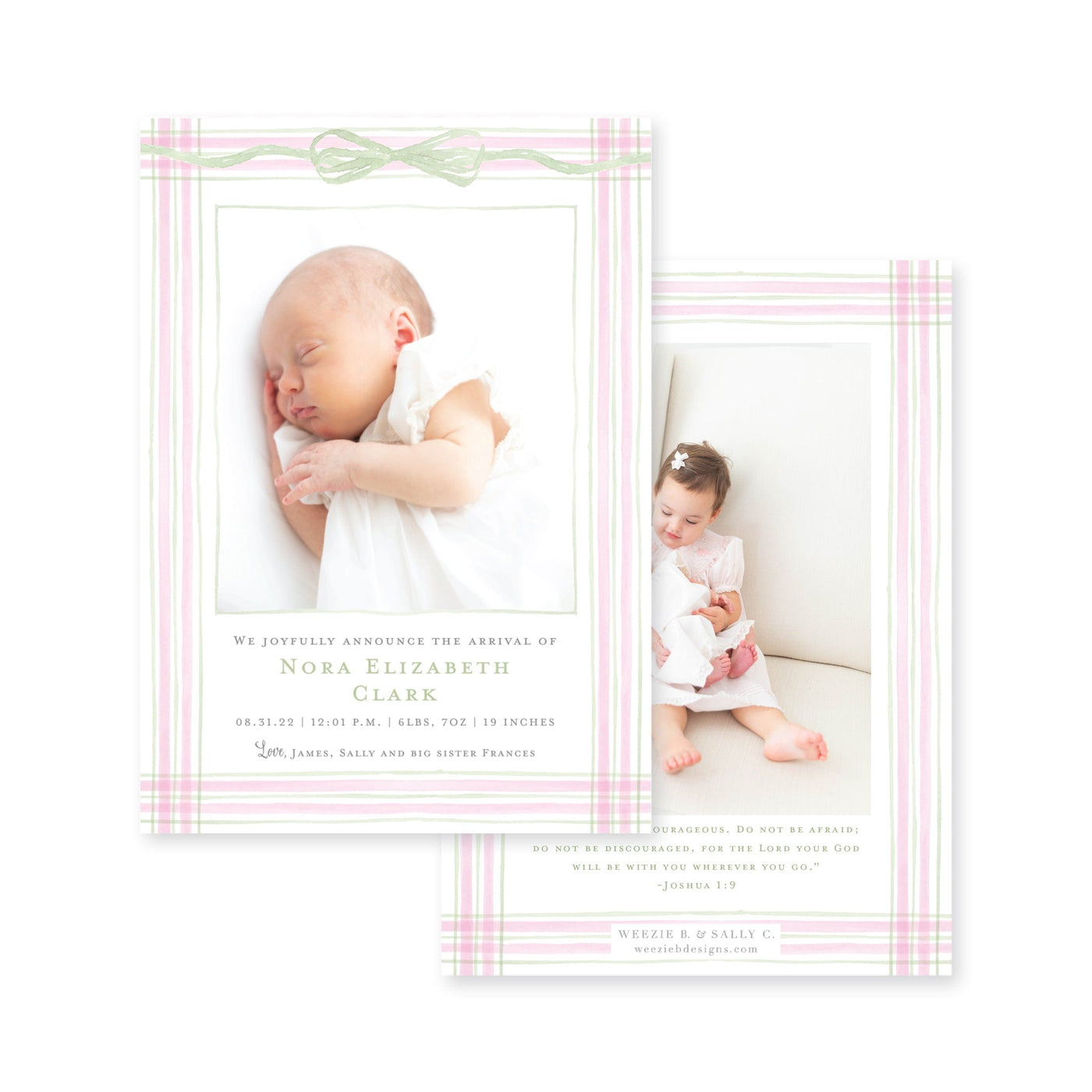 Watercolor Plaid Vertical Birth Announcement