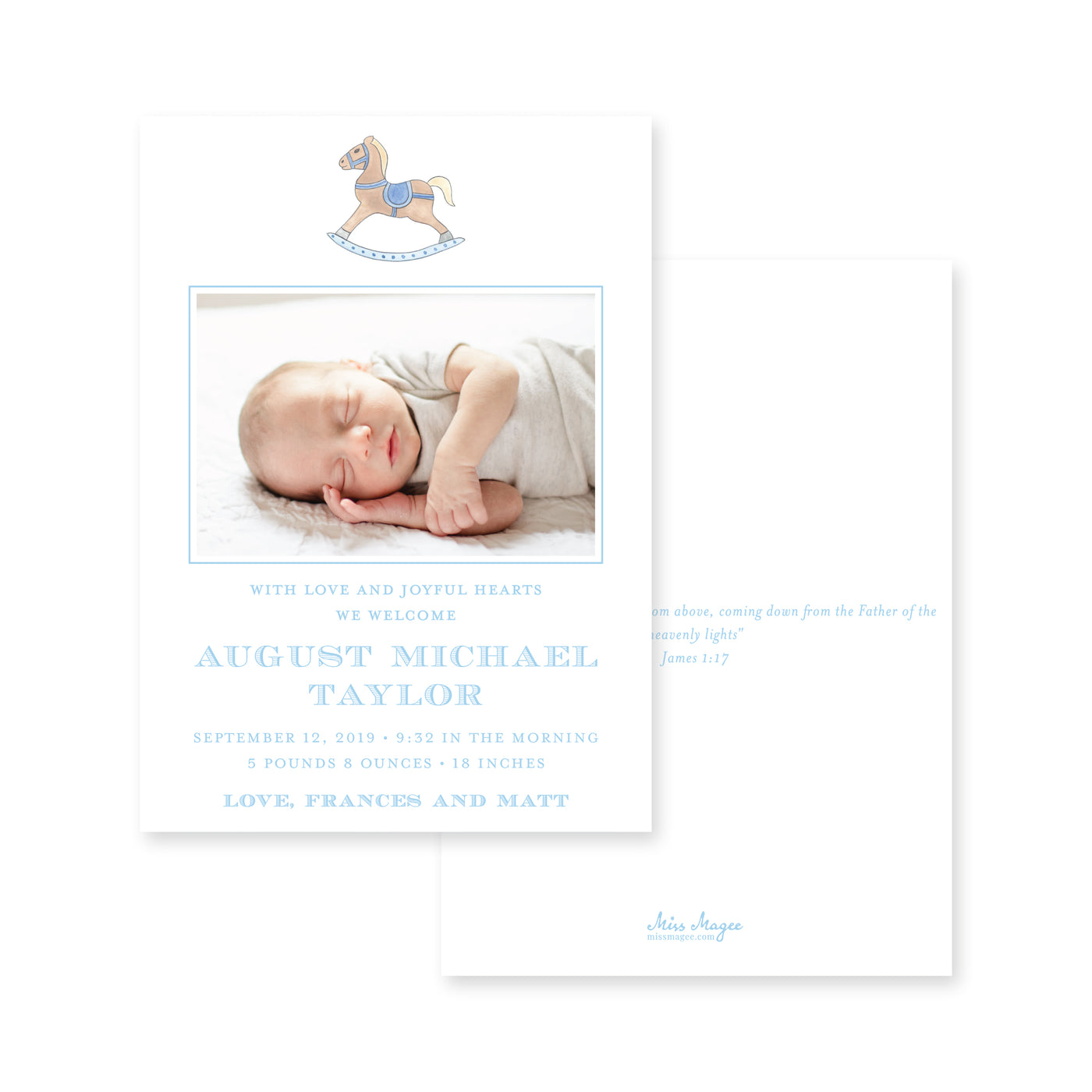 Watercolor Rocking Horse Vertical Birth Announcement