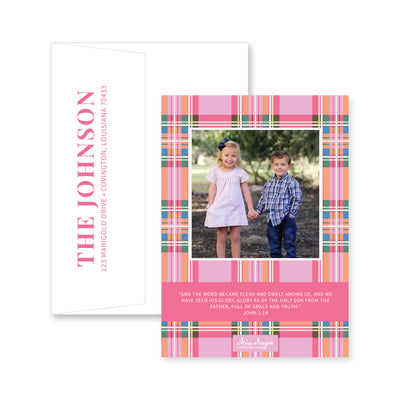 Pink Tartan Vertical Christmas Card