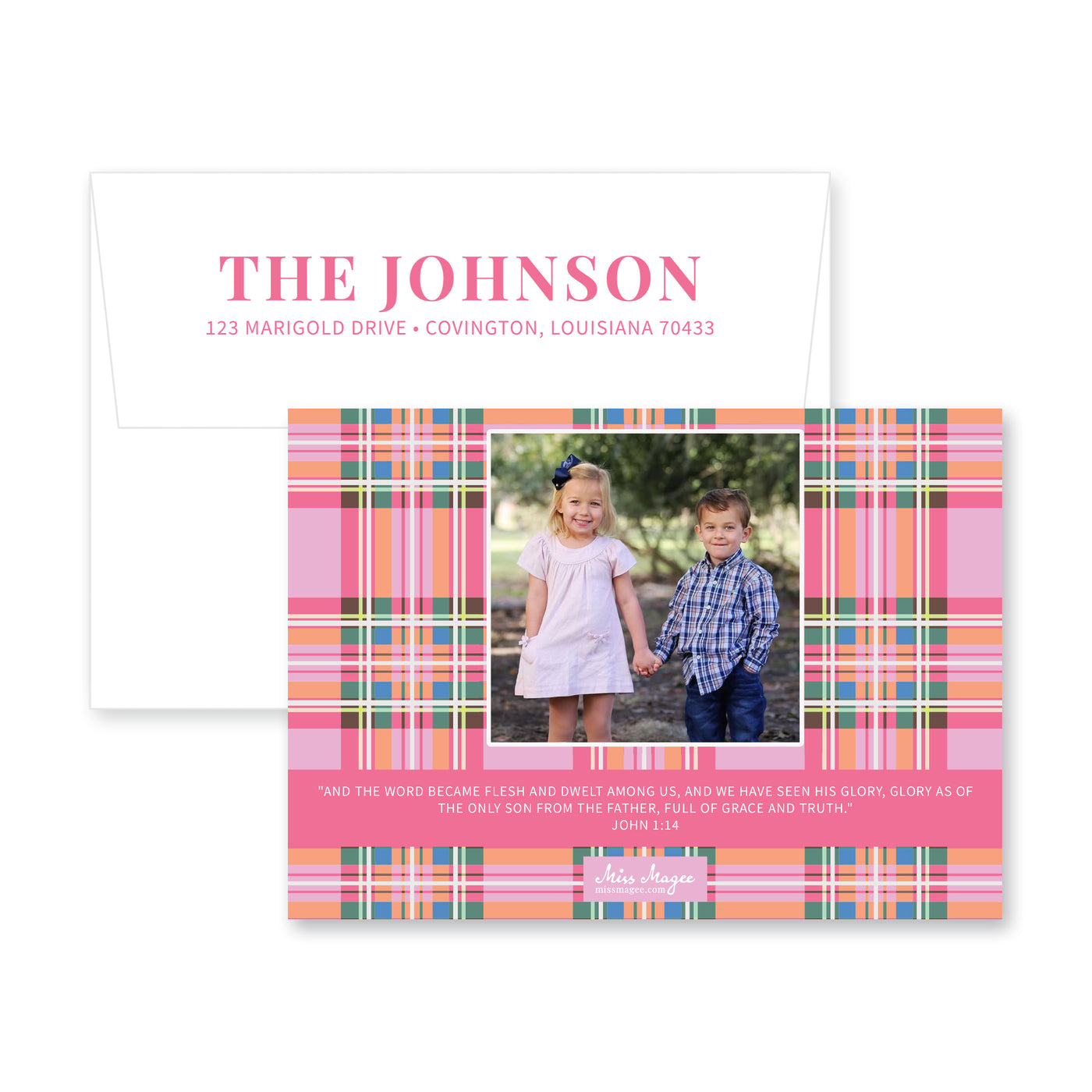 Pink Tartan Horizontal Christmas Card