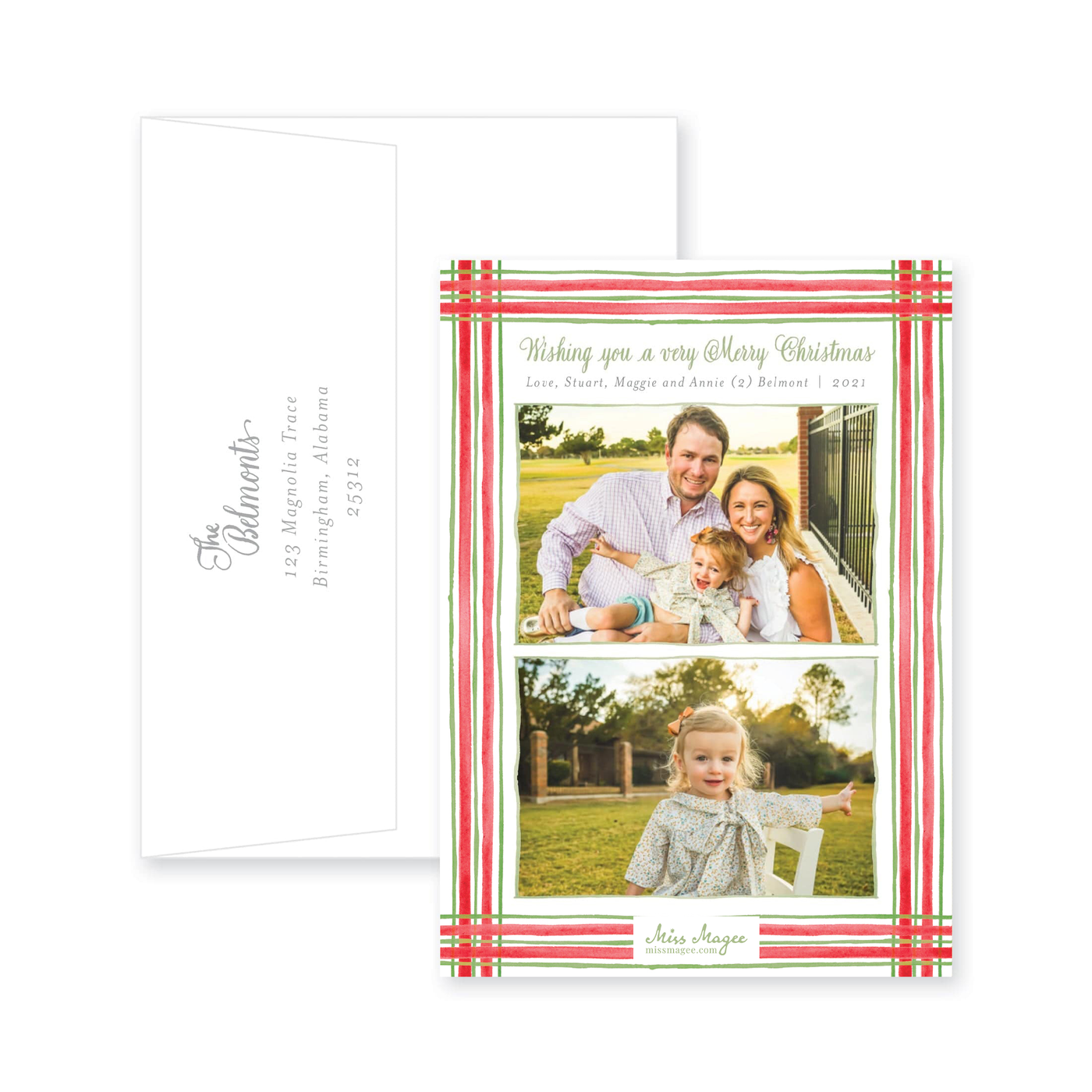 Watercolor Plaid Full Vertical Frame Christmas Card