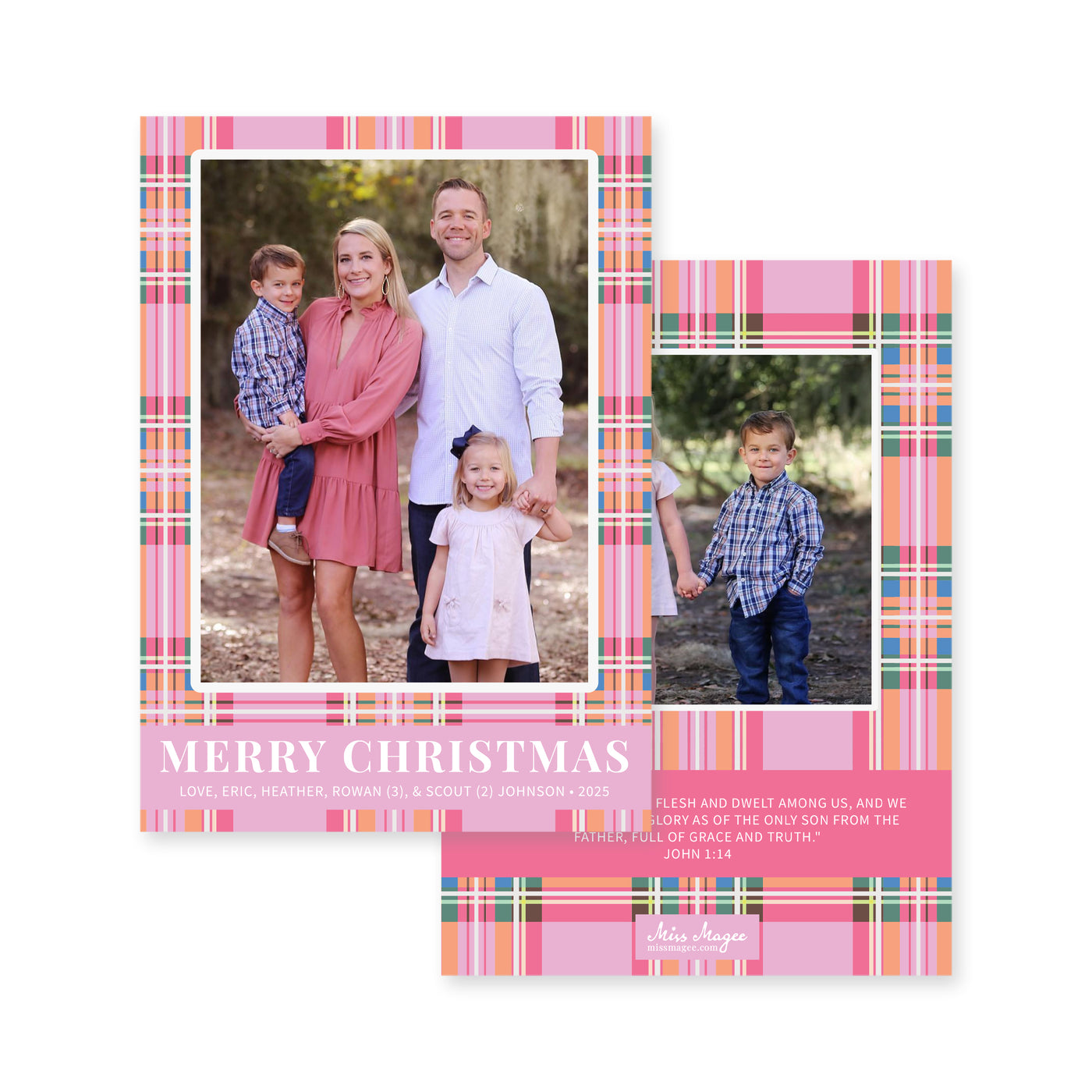 Pink Tartan Vertical Christmas Card